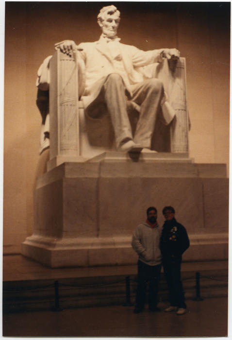 Terry Sweeney and Pat Phalen (Caucasian people) posing together in front of the Lincoln Memorial in Washington D.C. October 11, 1987 at the Second National March on Washington for Lesbian and Gay Rights., UNO Libraries' Archives &amp; Special Collections