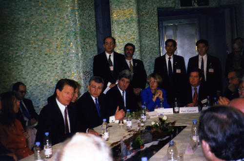 Photograph at the UNFCCC-COP3. Senator Hagel sits between Vice President Al Gore and Senator John Kerry., UNO Libraries' Archives &amp; Special Collections