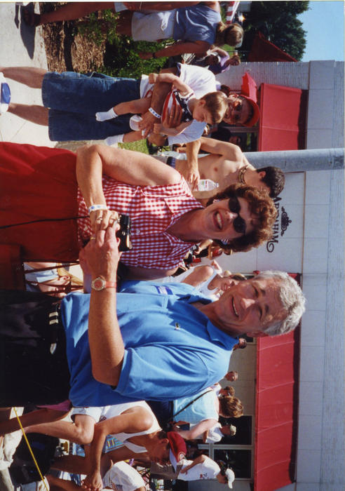 Hagel takes a moment during the Ralston Fourth of July Parade to pose for a photo with a parade attendee., UNO Libraries' Archives &amp; Special Collections