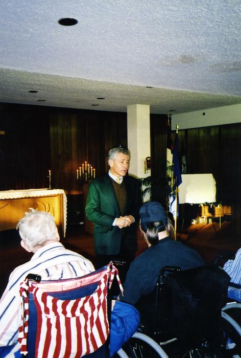 Senator Chuck Hagel speaking to residents at the Grand Island Veterans' Home, Grand Island, Nebraska., UNO Libraries' Archives &amp; Special Collections