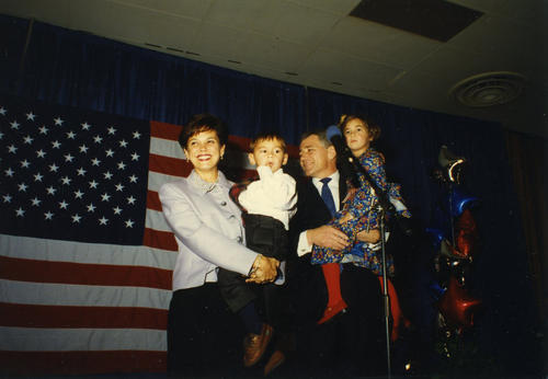 Hagel celebrates winning the 1996 Senate election with his wife, Lilibet, and their children, Allyn and Ziller., UNO Libraries' Archives &amp; Special Collections