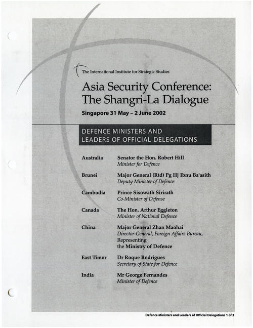 Page on of the list of defense ministers and leaders of official delegations who attended the IISS-Asia Security Conference., UNO Libraries' Archives &amp; Special Collections